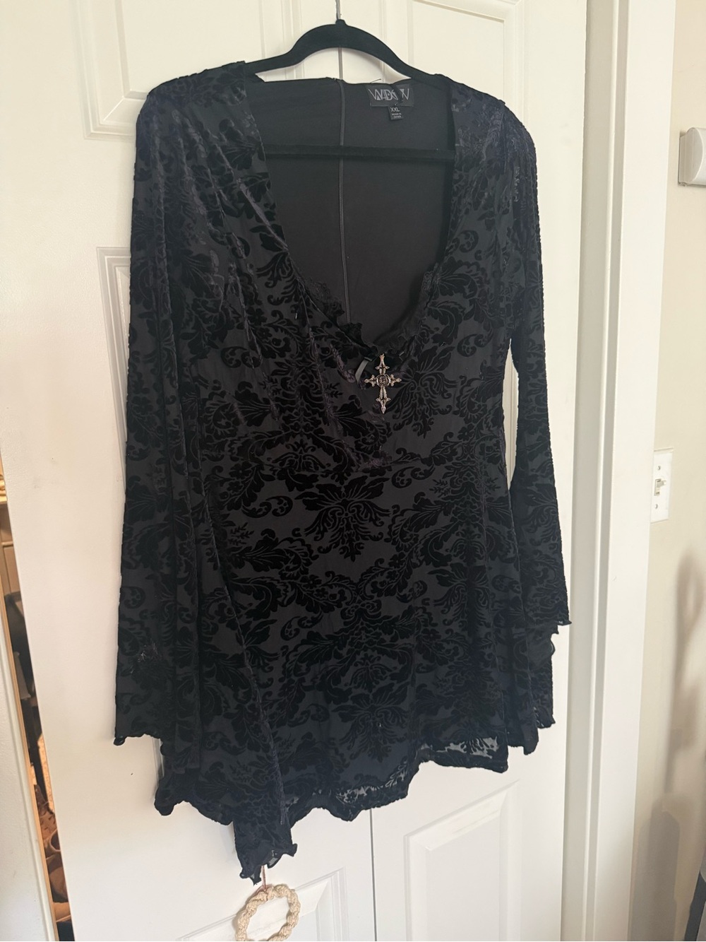 Dolls Kill Black Velvet Burnout V-Neck Tunic with Cross Charm